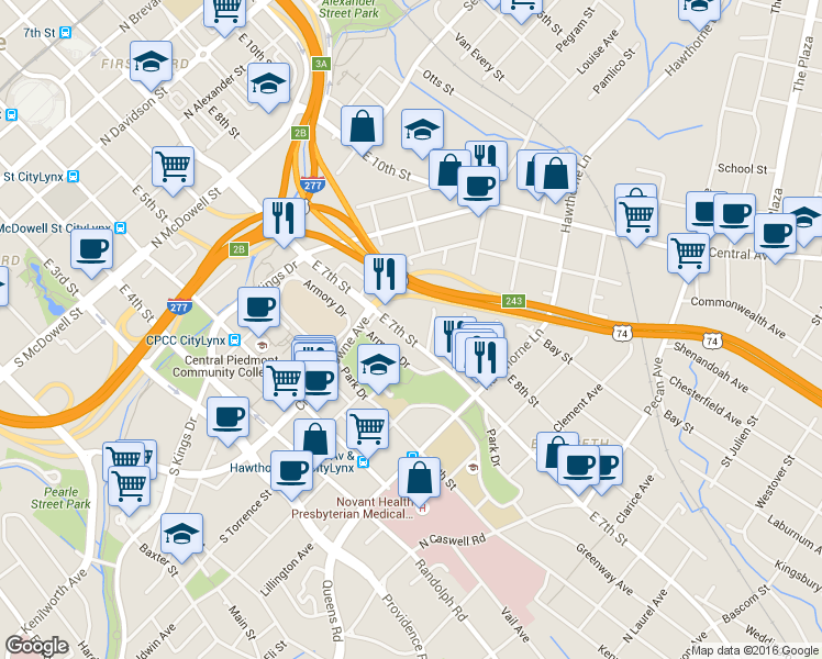 map of restaurants, bars, coffee shops, grocery stores, and more near 621 Mattie Rose Lane in Charlotte