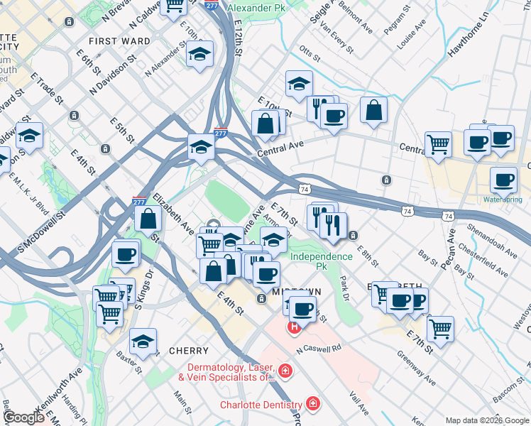map of restaurants, bars, coffee shops, grocery stores, and more near in Charlotte