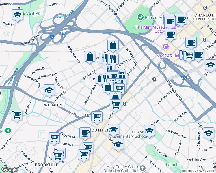 map of restaurants, bars, coffee shops, grocery stores, and more near 1415s South Church Street in Charlotte