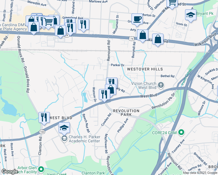 map of restaurants, bars, coffee shops, grocery stores, and more near 1528 Kimberly Road in Charlotte
