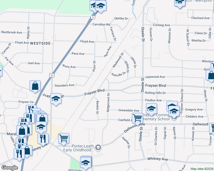 map of restaurants, bars, coffee shops, grocery stores, and more near 3399 Madewell Street in Memphis