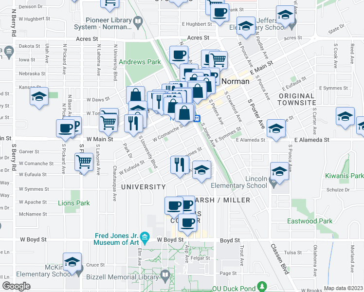 map of restaurants, bars, coffee shops, grocery stores, and more near 302 South Santa Fe Avenue in Norman