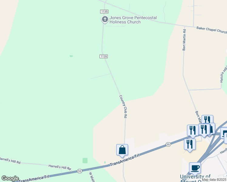 map of restaurants, bars, coffee shops, grocery stores, and more near 1286 Country Club Road in Mount Olive