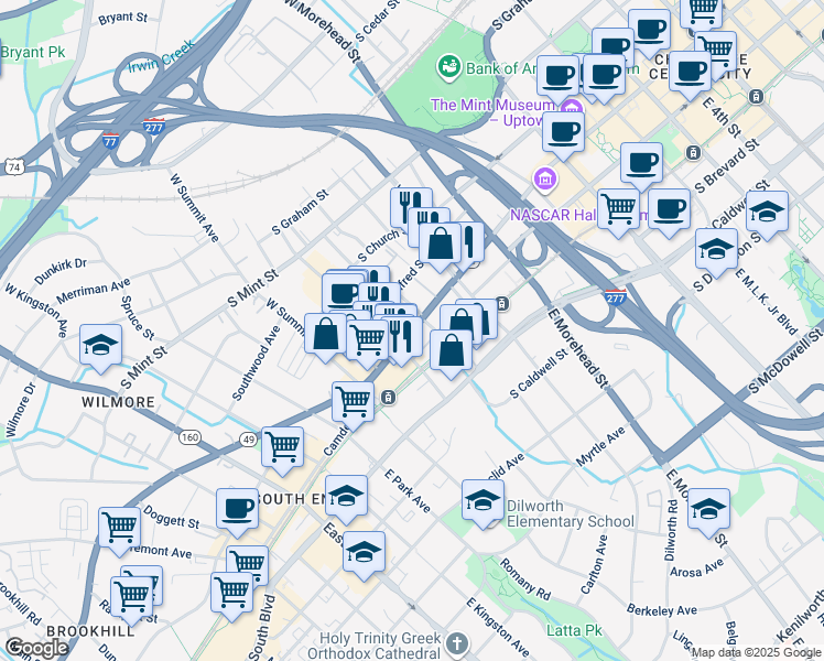 map of restaurants, bars, coffee shops, grocery stores, and more near 1310 South Tryon Street in Charlotte