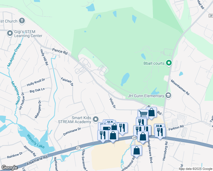 map of restaurants, bars, coffee shops, grocery stores, and more near 8221 Pence Road in Charlotte