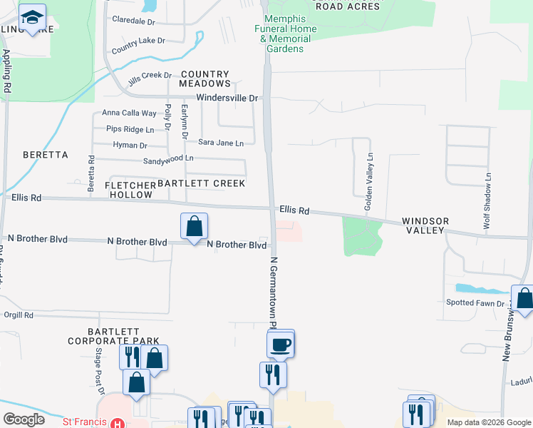 map of restaurants, bars, coffee shops, grocery stores, and more near 3406 North Germantown Parkway in Memphis