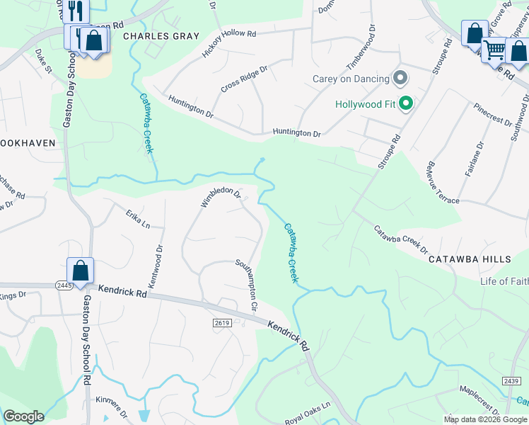 map of restaurants, bars, coffee shops, grocery stores, and more near 2813 Wimbledon Drive in Gastonia