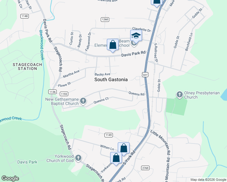 map of restaurants, bars, coffee shops, grocery stores, and more near 412 Queens Road in Gastonia