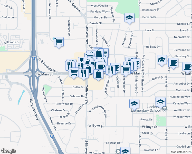 map of restaurants, bars, coffee shops, grocery stores, and more near 2263-2399 W Main St in Norman