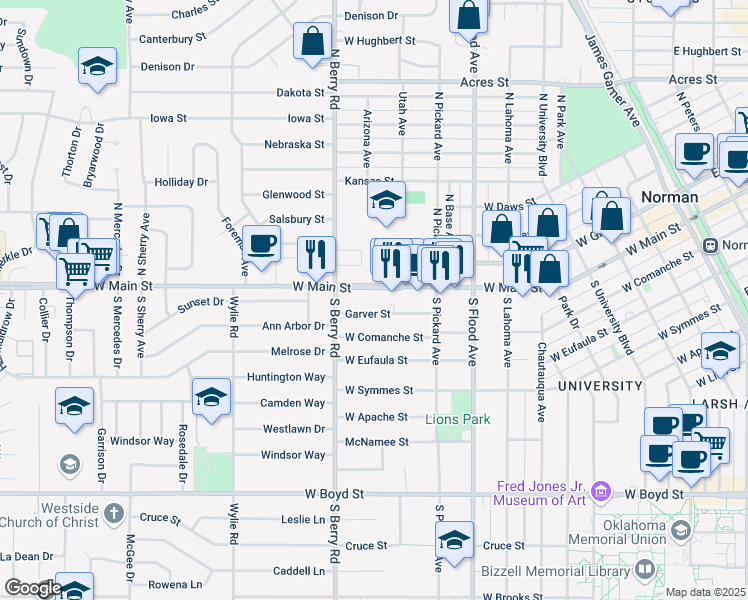 map of restaurants, bars, coffee shops, grocery stores, and more near 1037-1199 W Main St in Norman