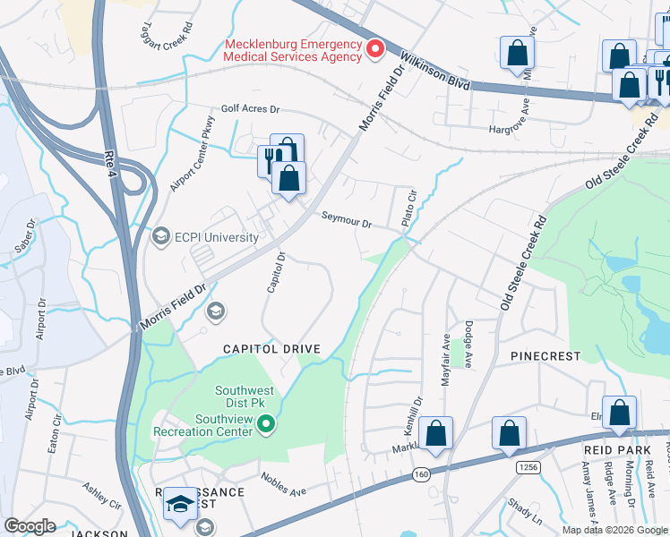 map of restaurants, bars, coffee shops, grocery stores, and more near 2727 Capitol Drive in Charlotte
