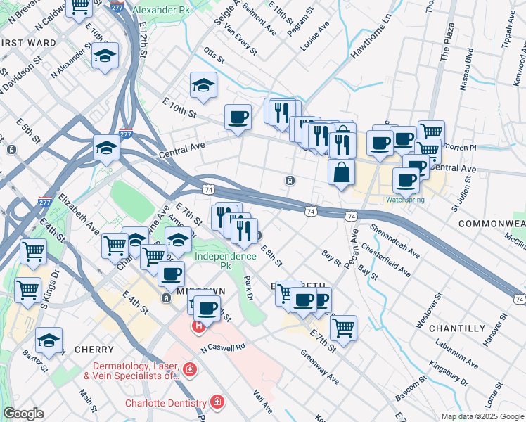 map of restaurants, bars, coffee shops, grocery stores, and more near 546 Oakland Avenue in Charlotte
