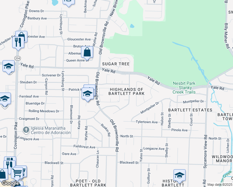 map of restaurants, bars, coffee shops, grocery stores, and more near 3388 Spinners Cove in Bartlett
