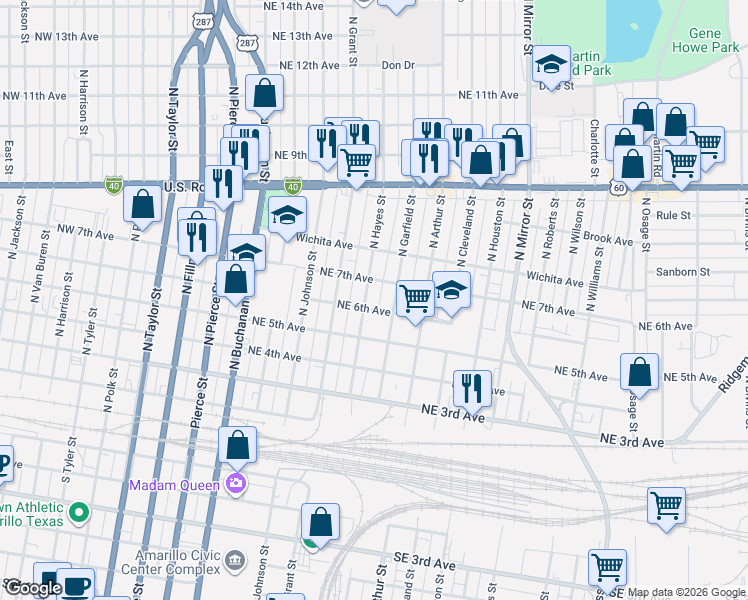 map of restaurants, bars, coffee shops, grocery stores, and more near 610 North Hayes Street in Amarillo