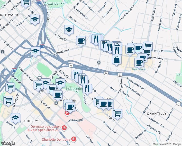map of restaurants, bars, coffee shops, grocery stores, and more near 929 Gracie Way in Charlotte