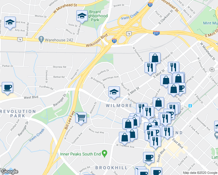 map of restaurants, bars, coffee shops, grocery stores, and more near 1720 Wilmore Drive in Charlotte