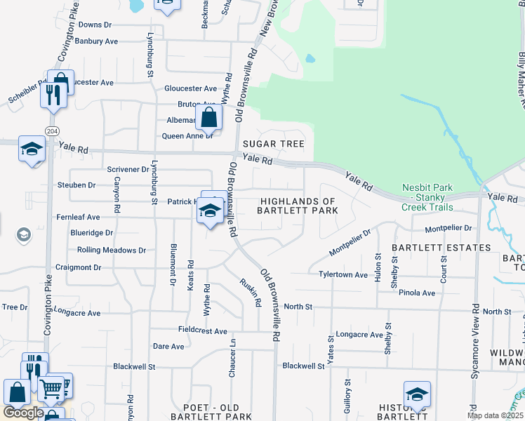 map of restaurants, bars, coffee shops, grocery stores, and more near 3405 Lord Dunmore Cove in Bartlett