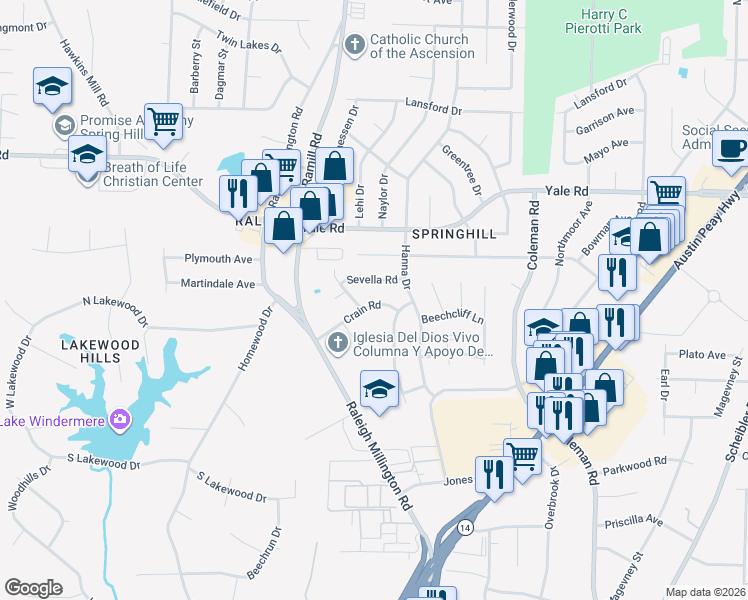 map of restaurants, bars, coffee shops, grocery stores, and more near 4199 Sevella Road in Memphis