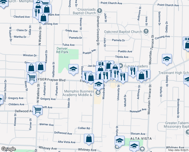 map of restaurants, bars, coffee shops, grocery stores, and more near 3397 Overton Crossing Street in Memphis