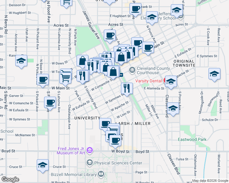 map of restaurants, bars, coffee shops, grocery stores, and more near 211 West Eufaula Street in Norman