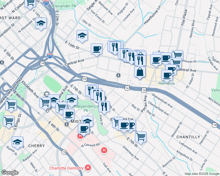 map of restaurants, bars, coffee shops, grocery stores, and more near in Charlotte
