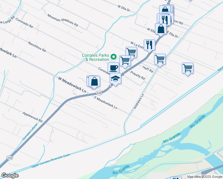 map of restaurants, bars, coffee shops, grocery stores, and more near 3824 Corrales Road in Corrales