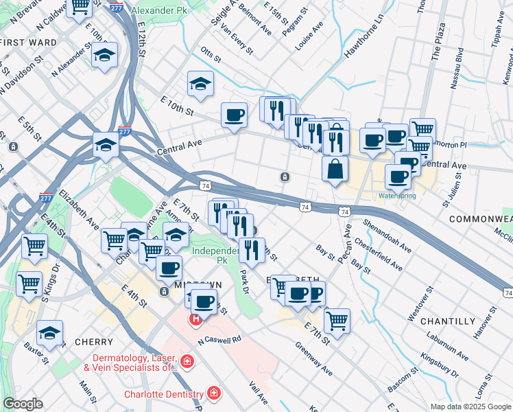 map of restaurants, bars, coffee shops, grocery stores, and more near 546 Oakland Avenue in Charlotte
