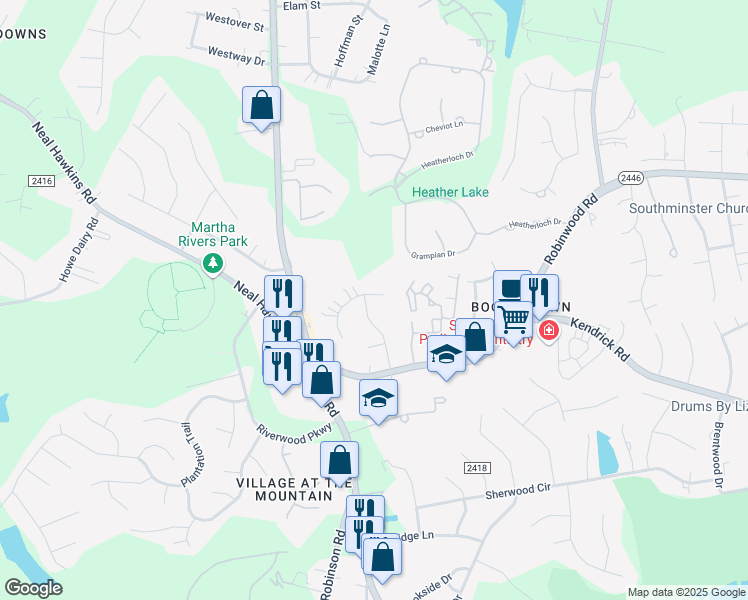 map of restaurants, bars, coffee shops, grocery stores, and more near 3000 Jamestown Drive in Gastonia