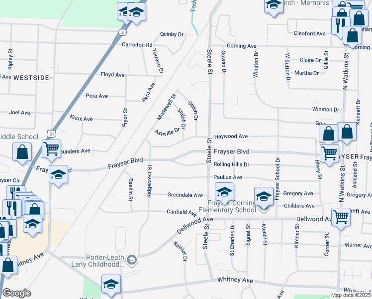 map of restaurants, bars, coffee shops, grocery stores, and more near 1410 Frayser Boulevard in Memphis