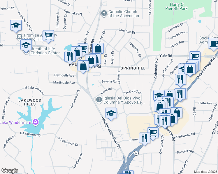 map of restaurants, bars, coffee shops, grocery stores, and more near 4199 Sevella Road in Memphis
