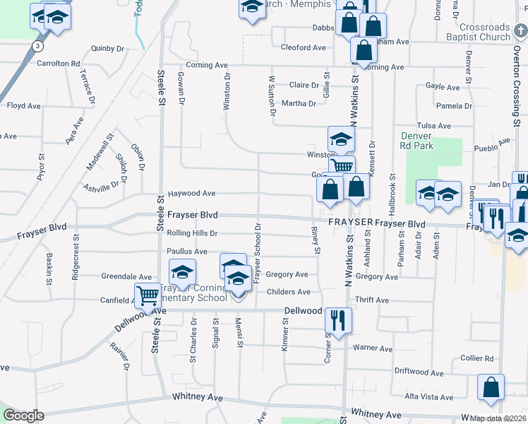 map of restaurants, bars, coffee shops, grocery stores, and more near 1633 Haywood Avenue in Memphis