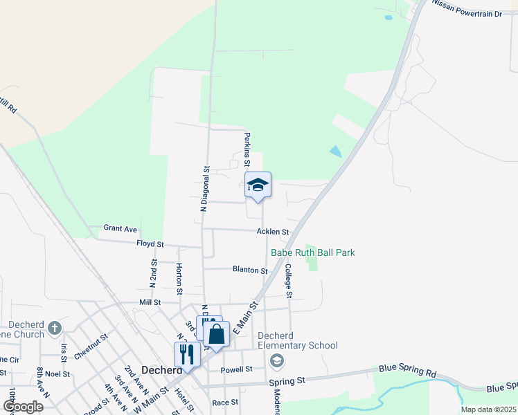 map of restaurants, bars, coffee shops, grocery stores, and more near 401 North Bratton Street in Decherd