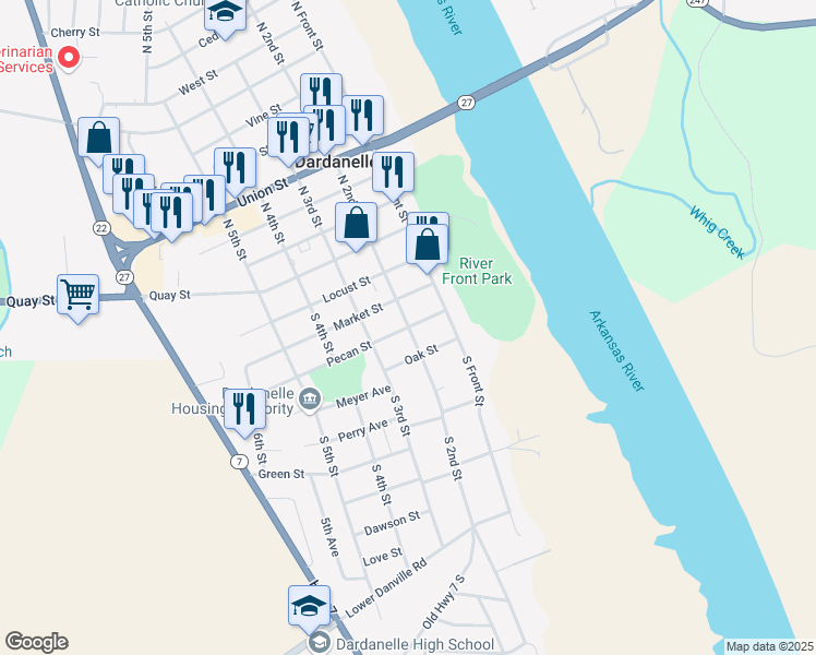 map of restaurants, bars, coffee shops, grocery stores, and more near 203 Pecan Street in Dardanelle