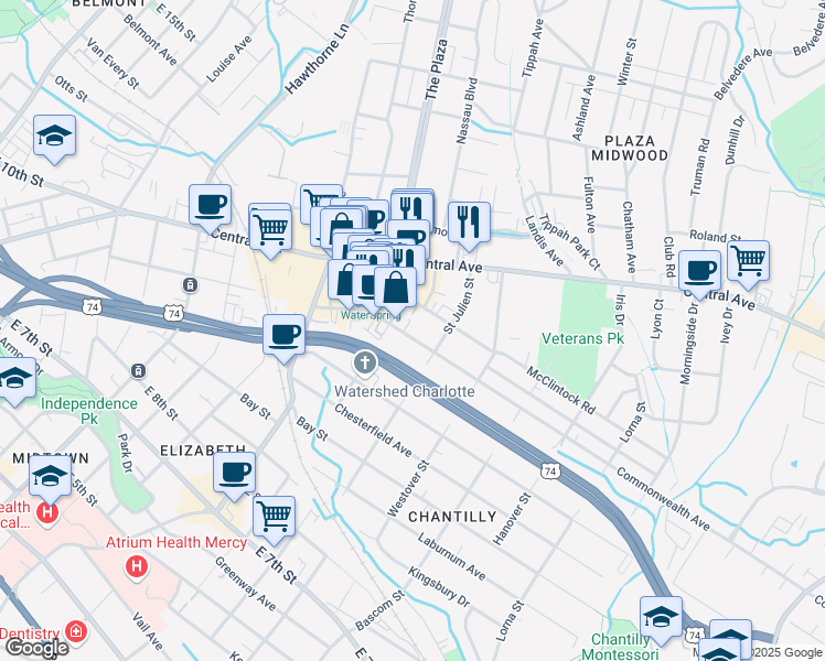 map of restaurants, bars, coffee shops, grocery stores, and more near 2132 McClintock Road in Charlotte