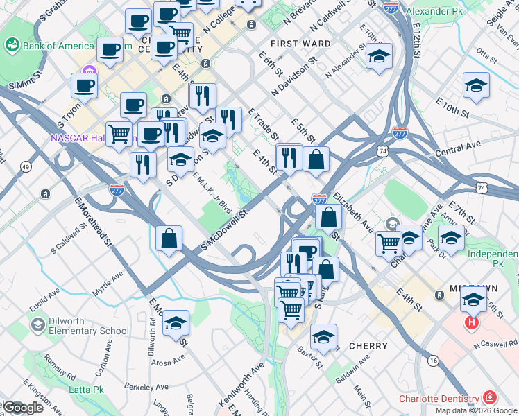map of restaurants, bars, coffee shops, grocery stores, and more near in Charlotte