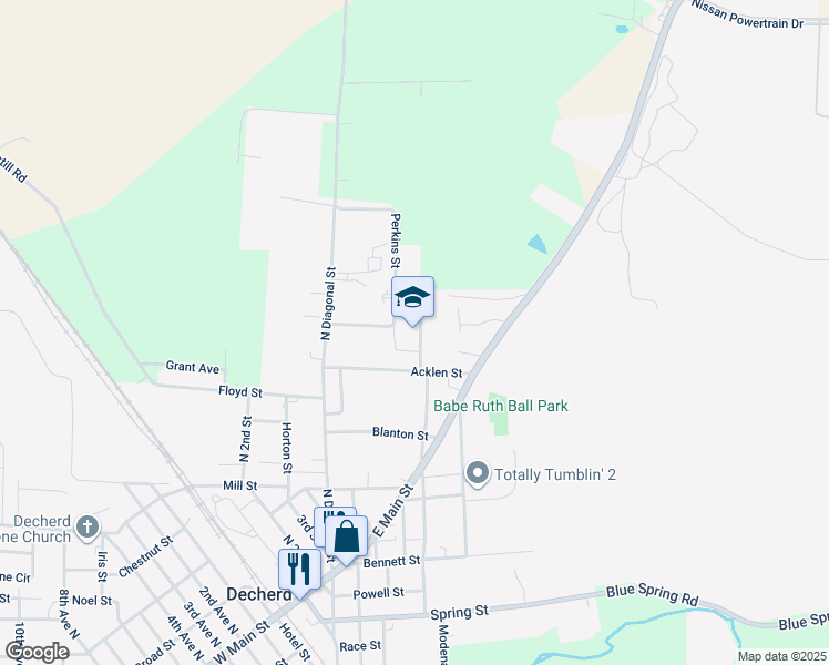 map of restaurants, bars, coffee shops, grocery stores, and more near 401 North Bratton Street in Decherd