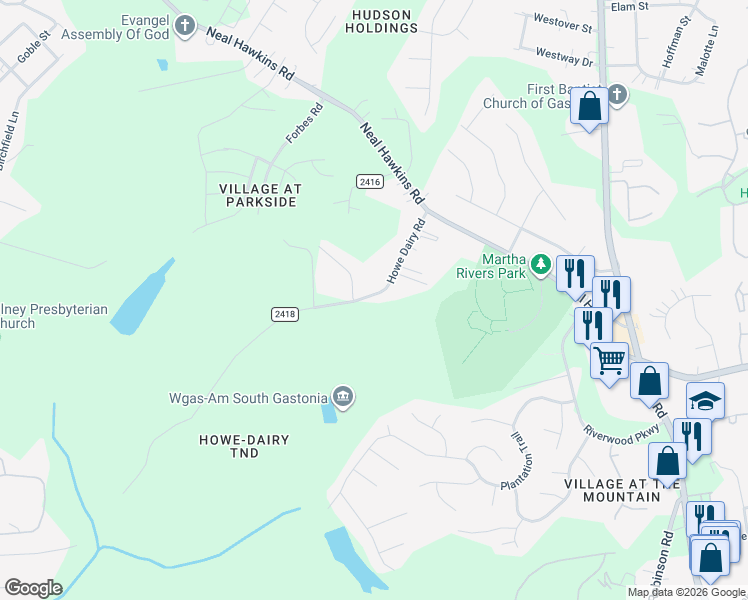 map of restaurants, bars, coffee shops, grocery stores, and more near 3212 Howe Dairy Road in Gastonia