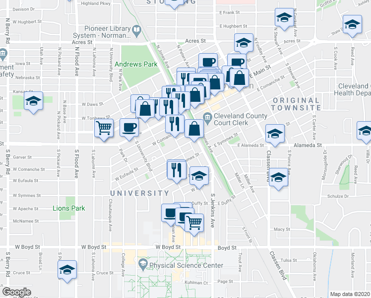 map of restaurants, bars, coffee shops, grocery stores, and more near 124 West Eufaula Street in Norman