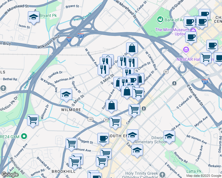 map of restaurants, bars, coffee shops, grocery stores, and more near 317 West Summit Avenue in Charlotte