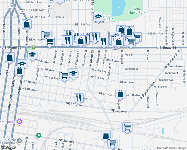 map of restaurants, bars, coffee shops, grocery stores, and more near 708 N Roberts St in Amarillo