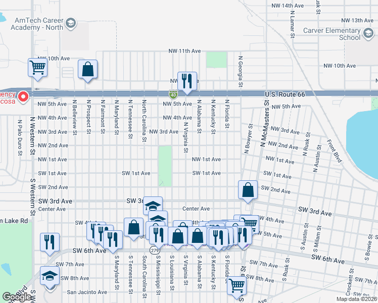 map of restaurants, bars, coffee shops, grocery stores, and more near 110 North Virginia Street in Amarillo