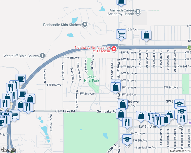 map of restaurants, bars, coffee shops, grocery stores, and more near 117 North Goliad Street in Amarillo