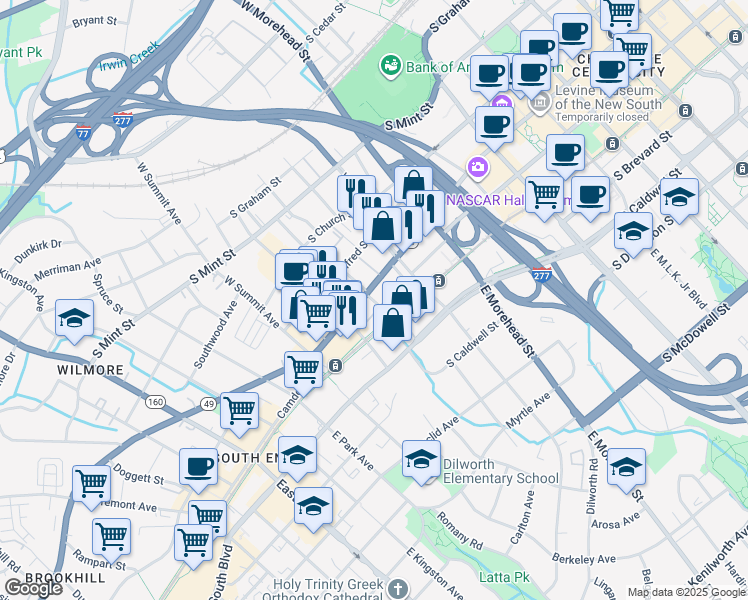 map of restaurants, bars, coffee shops, grocery stores, and more near 1205 South Tryon Street in Charlotte