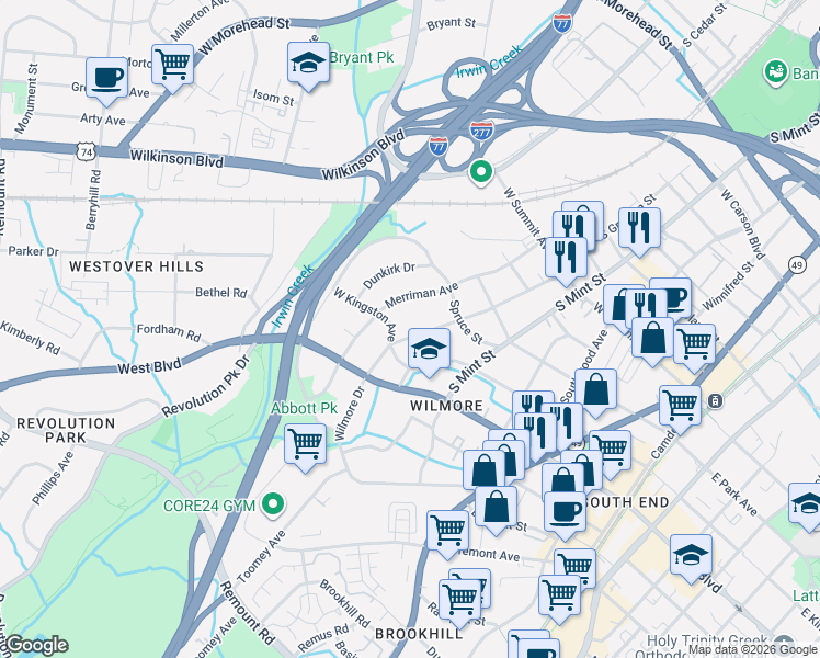 map of restaurants, bars, coffee shops, grocery stores, and more near 1720 Wilmore Drive in Charlotte