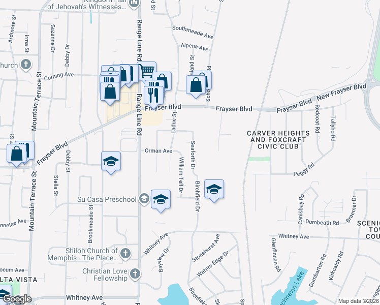 map of restaurants, bars, coffee shops, grocery stores, and more near 2759 Seaforth Cove in Memphis