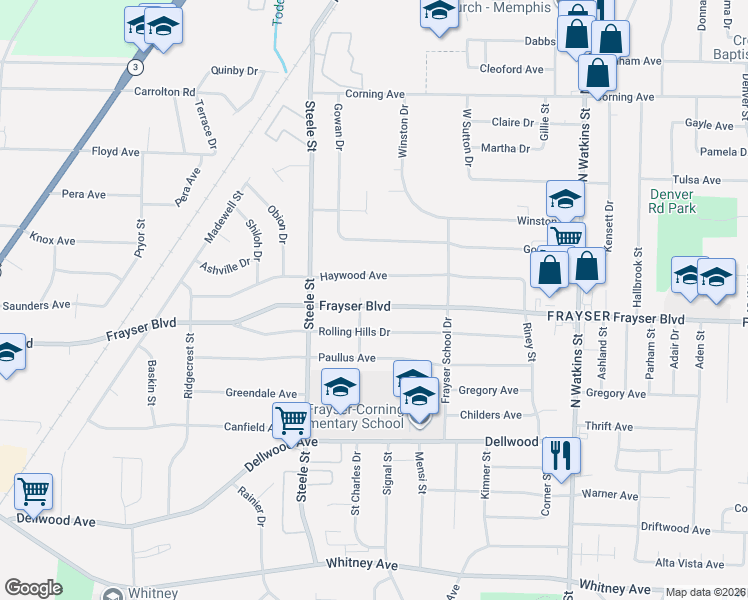 map of restaurants, bars, coffee shops, grocery stores, and more near 1555 Haywood Avenue in Memphis