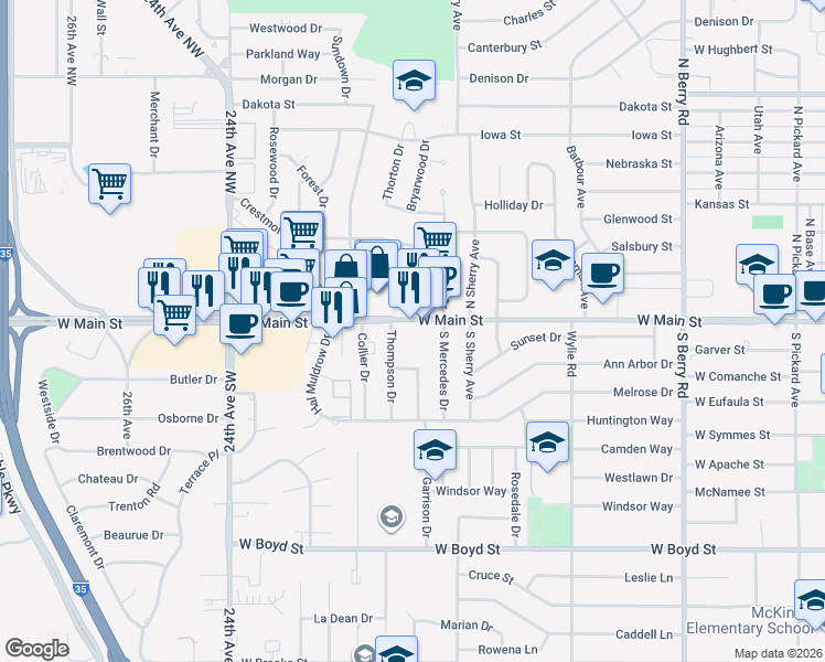 map of restaurants, bars, coffee shops, grocery stores, and more near 1901 West Main Street in Norman
