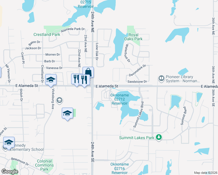 map of restaurants, bars, coffee shops, grocery stores, and more near 2590 Alameda Street in Norman