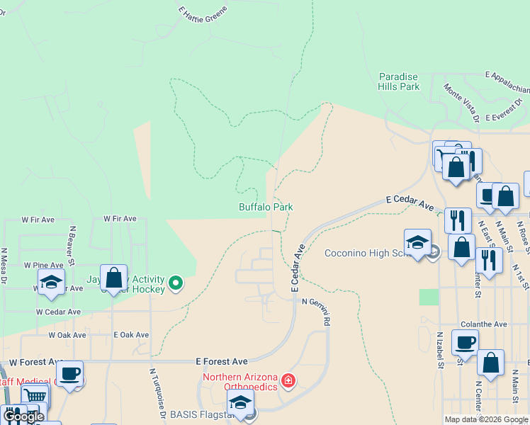 map of restaurants, bars, coffee shops, grocery stores, and more near 2400 North Gemini Road in Flagstaff