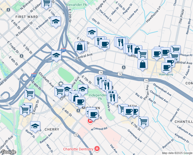 map of restaurants, bars, coffee shops, grocery stores, and more near 428 Beaumont Avenue in Charlotte